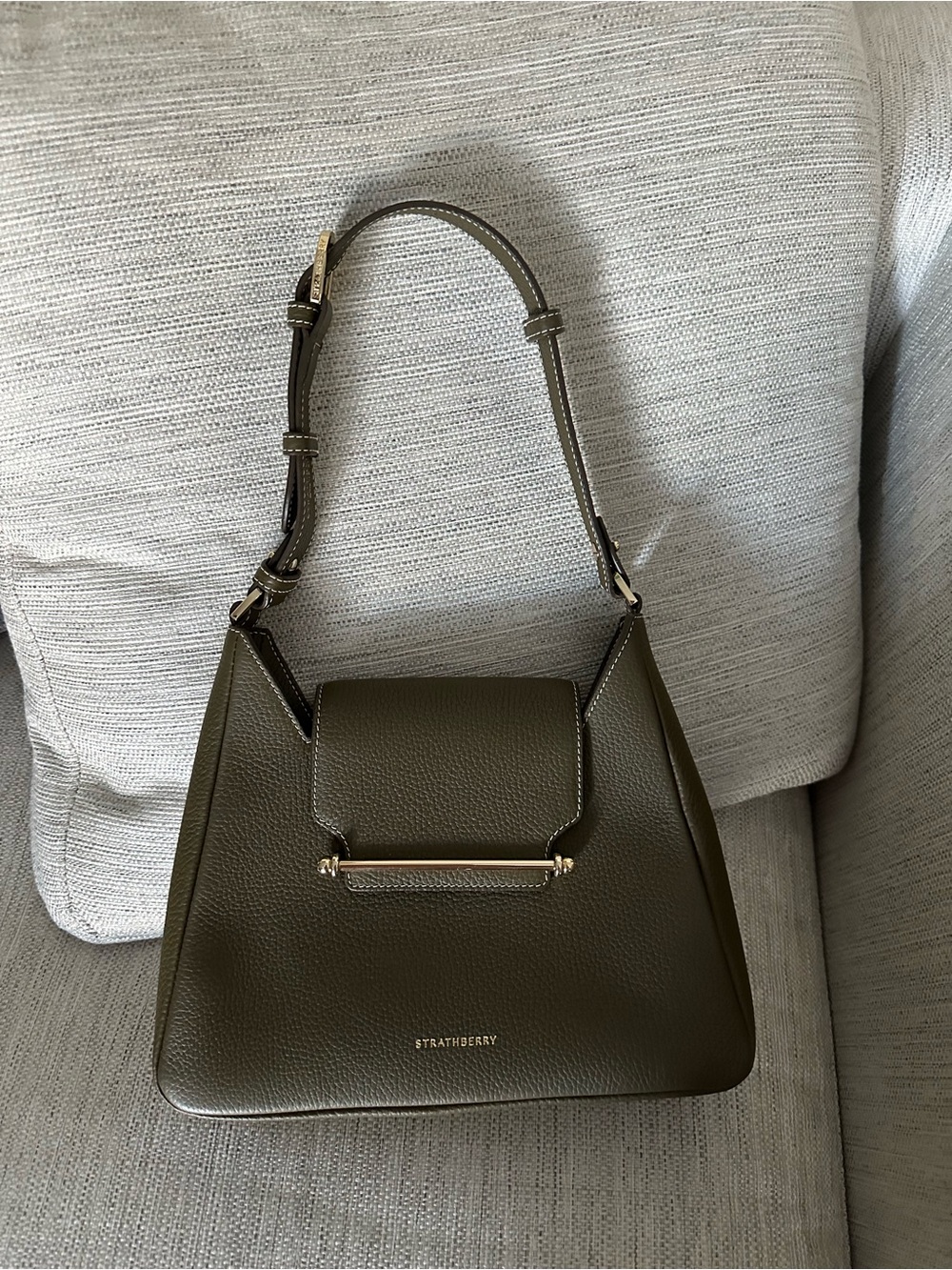 Strathberry Olive Green Pebbled Leather Shoulder Bag with Gold Bar